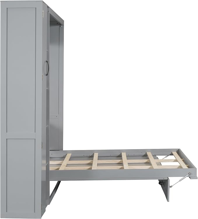 Merax Full Size Murphy Bed Wall Bed with Shelves, Drawers and LED Lights,Gray