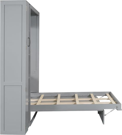 Merax Full Size Murphy Bed Wall Bed with Shelves, Drawers and LED Lights,Gray