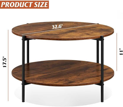 WLIVE Round Coffee Table, 32.6" Small Coffee Table with Storage Shelf, 2-Tier Circle Wood Center Table for Living Room, Apartment, Rustic Brown (Rustic Brown, 32.6" D x 32.6" W x 17.5" H)