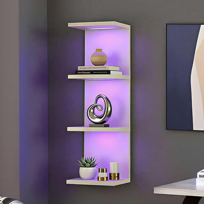 VIWODS 4-Tier Wall Shelf Unit with RGB Lights, Floating Lack Shelf for Home Decor, Wall Mounted Vertical Display Shelf for Bedroom Living Room Vanity, White