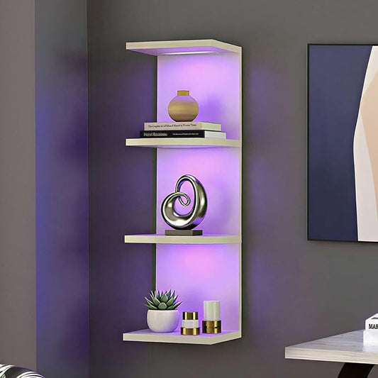 VIWODS 4-Tier Wall Shelf Unit with RGB Lights, Floating Lack Shelf for Home Decor, Wall Mounted Vertical Display Shelf for Bedroom Living Room Vanity, White