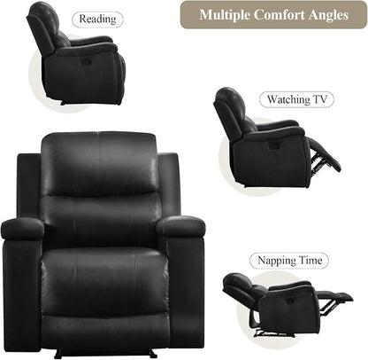 CANMOV Manual Recliner Chair, Classic Faux Leather Recliner Chair with Overstuffed Arms and Back, Manual Single Sofa with Concealed Cup Holders, Black