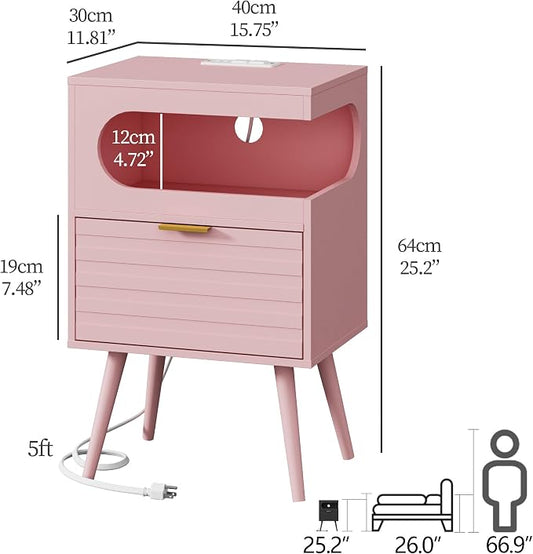 Veegle Nightstand,Modern Bedside Table with Storage Drawer and Open Wood Shelf, Accent Night Stand with Solid Wood Legs for Living Room, Bedroom and Small Spaces,Easy Assembly (Pink-1)