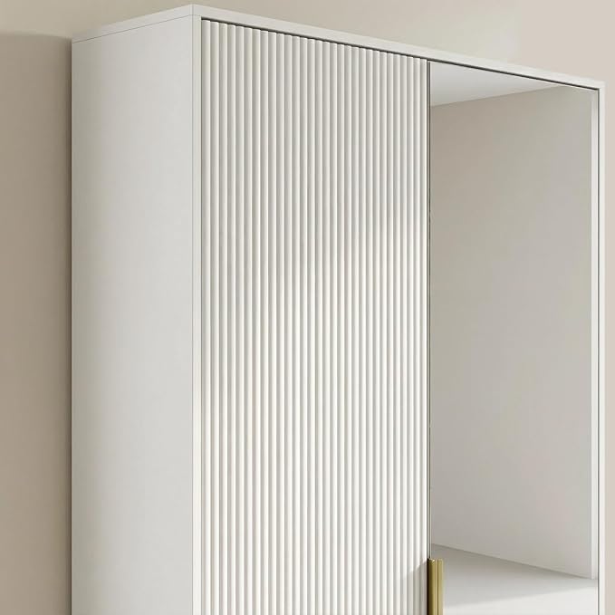 Armoire Wardrobe Closet with Mirror, Light and Fluted Doors, Tall Bedroom Armoire with Hanging Rod and 2 Drawers, White