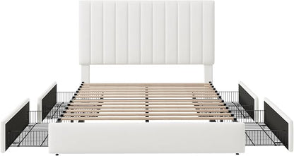 Allewie Queen Size Storage Bed Frame, Vertical Channel Tufted Adjustable Headboard, Velvet Upholstered Platform Bed with 4 Oversized Underbed Drawers, Wooden Slats Support, No Box Spring Needed, White