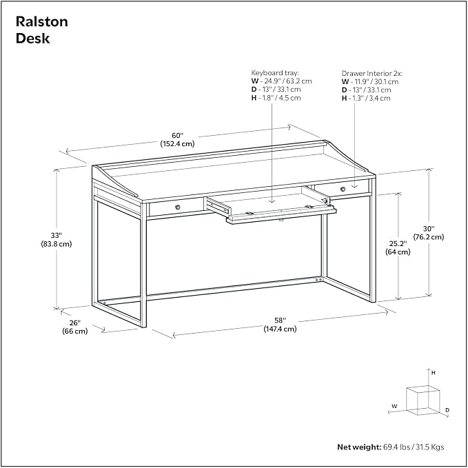 SIMPLIHOME Ralston Desk - 60 Inch Wide Solid Acacia Wood and Metal Writing Desk in Distressed Charcoal Brown, Modern Industrial Home Office Computer Table with 2 Drawers and Flip-Down Keyboard Tray