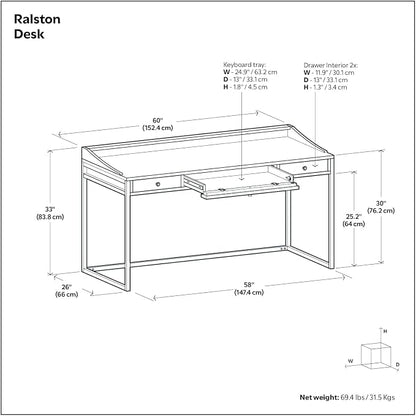 SIMPLIHOME Ralston Desk - 60 Inch Wide Solid Acacia Wood and Metal Writing Desk in Distressed Charcoal Brown, Modern Industrial Home Office Computer Table with 2 Drawers and Flip-Down Keyboard Tray