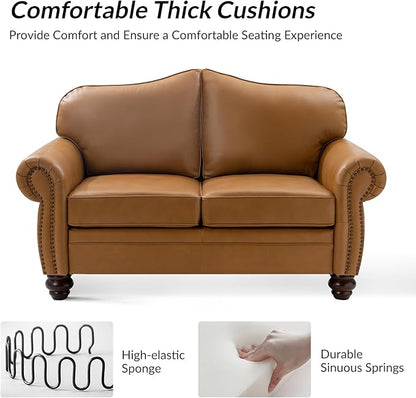 60" Wide Genuine Leather Chesterfield Loveseat, 2 Seat Leather Sofa with Rolled Arms, Nailhead Trim for Living Room Furniture, Easy Assembly – Camel