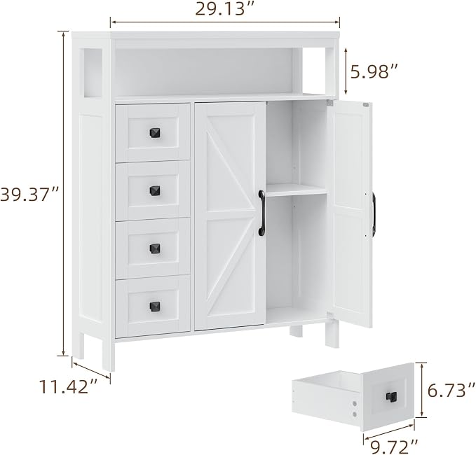 Vabches Farmhouse Storage Cabinet with 2 Doors and 4 Drawers, Freestanding Bathroom Compartment Kitchen Pantry Cabinet, Floor Cupboard for Kitchen/Living Room/Bathroom,White
