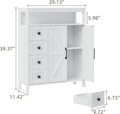 Vabches Farmhouse Storage Cabinet with 2 Doors and 4 Drawers, Freestanding Bathroom Compartment Kitchen Pantry Cabinet, Floor Cupboard for Kitchen/Living Room/Bathroom,White