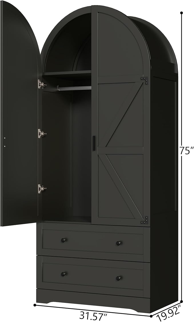 Gyfimoie Black Armoire Wardrobe Closet with 2 Drawers, 75" Wooden Wardrobe with 2 Doors, Freestanding Closet Armoire Cabinet with Hanging Rack, Clothing Storage Cabinet for Bedroom (Black)