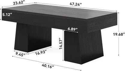 LITTLE TREE Farmhouse Coffee Table, 47 Inches Wooden Rectangular Accent Center Tables with Thick Base, Modern Low Cocktail Tea Furniture for Living Room (Black)