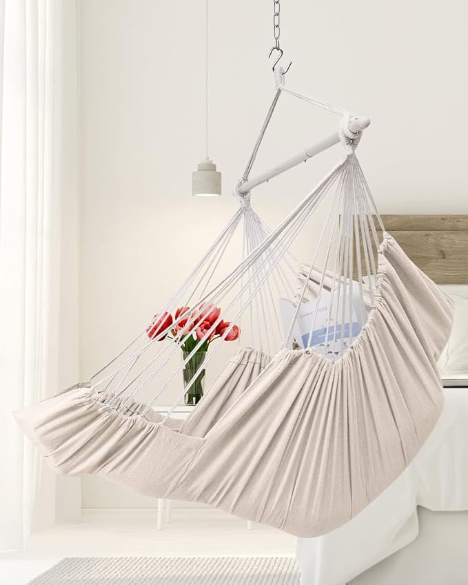 ADVOKAIR Hanging Hammock Chair Large Swing Chair with Foot Rest and Hardware,Max 500lbs,Steel Spread Bar with Anti Slips, 2 Cushions and Side Pocket,Indoor/Outdoor Use…