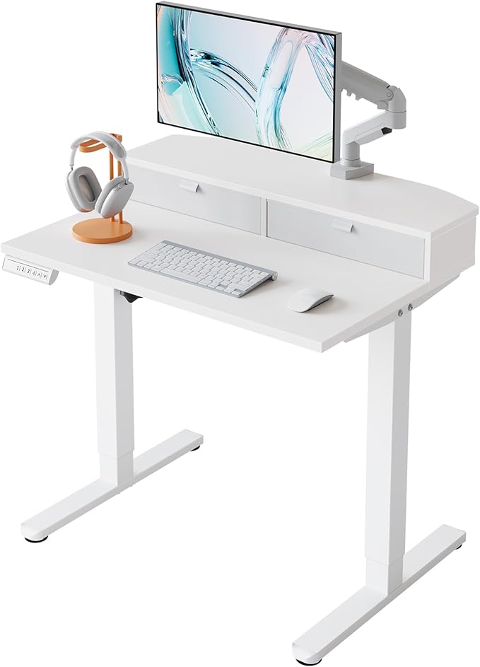 HUANUO 32" X 21" Electric Standing Desk with 2 Drawers, C-Clamp Mount Compatible, Height Adjustable Computer Desk, Home Office Stand Up Desk with 4 Preset Heights & 2 Hooks, White