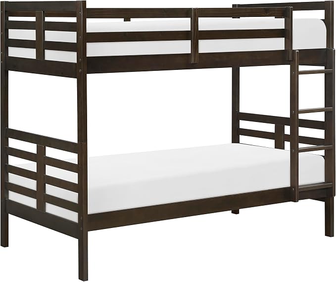 Lexicon Bunk Bed Twin Over Twin, Wooden Bed Frame with Sturdy Ladder and Safety Guard Rails, Modern Space-Saving Design, for Bedroom/Guest Room, No Box Spring Needed, Dark Brown