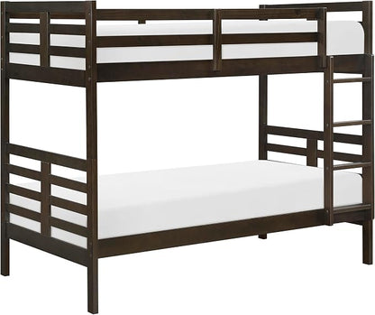 Lexicon Bunk Bed Twin Over Twin, Wooden Bed Frame with Sturdy Ladder and Safety Guard Rails, Modern Space-Saving Design, for Bedroom/Guest Room, No Box Spring Needed, Dark Brown