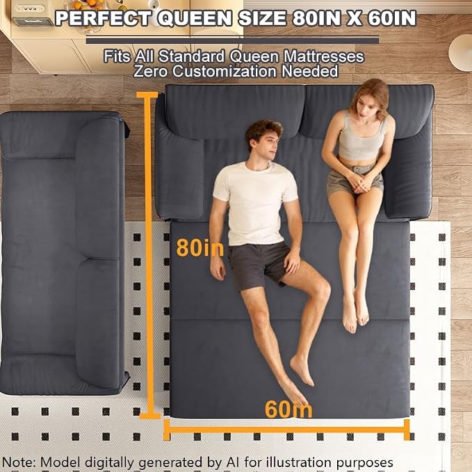 66" Sofa Bed Queen Size, Pull Out Couch Bed, 3-in-1 Convertible Sleeper Sofa with Side Pocket, Modern Velvet Futon Couch for Living Room, Small Space, Apartment, Bedroom, Grey