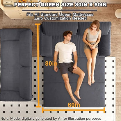 66" Sofa Bed Queen Size, Pull Out Couch Bed, 3-in-1 Convertible Sleeper Sofa with Side Pocket, Modern Velvet Futon Couch for Living Room, Small Space, Apartment, Bedroom, Grey