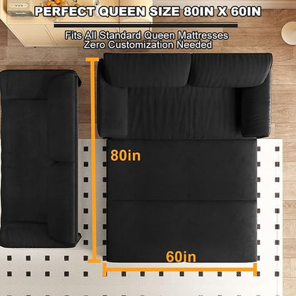 66" Sofa Bed Queen Size, Pull Out Couch Bed, 3-in-1 Convertible Sleeper Sofa with Side Pocket, Modern Velvet Futon Couch for Living Room, Small Space, Apartment, Bedroom, Black