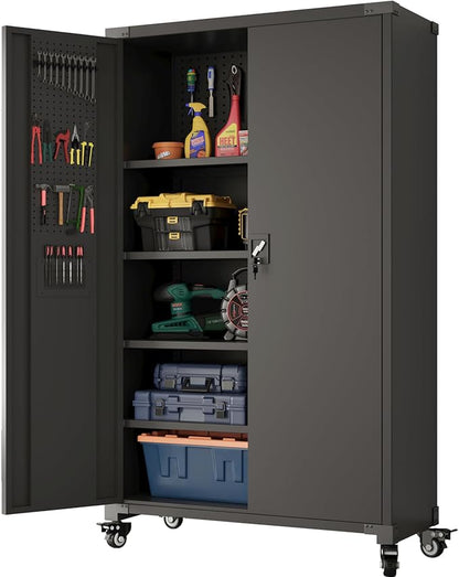 Upgraded Wide & Deep Metal Garage Storage Cabinet with Wheels & Pegboards, 4 Adjustable Shelves, Heavy Duty Lockable Metal Storage Tool Cabinet with Pegboards for Warehouse, Basement, Office, Gym