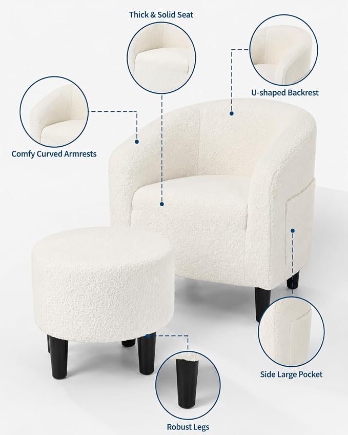 GarveeHome Accent Chair with Ottoman, Boucle Barrel Chair for Bedroom, Soft Armchair with Footstool, Modern Living Room Chair for Small Space, Beige