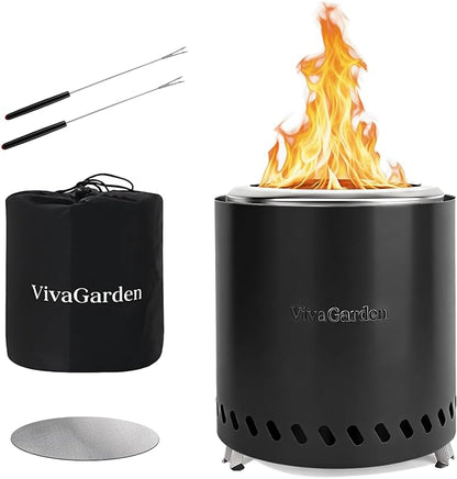 9.5 X 8.6 Inch Tabletop Fire Pit, VivaGarden Portable Firepit, Smokeless Table Top Firepit, Safe Burning Camping Stove, Fueled by Pellets or Wood, Forks, Mat & Travel Bag Included, Black