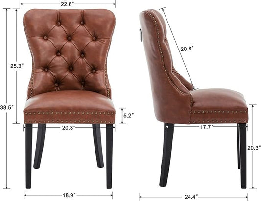 CIMOTA Brown Leather Dining Chairs Set of 6 Mid Century Modern Dining Room Chairs Tufted Upholstered Kitchen Dining Chairs Comfortable Side Chairs with Nailhead Trim/Ring Back (PU /6PCS)
