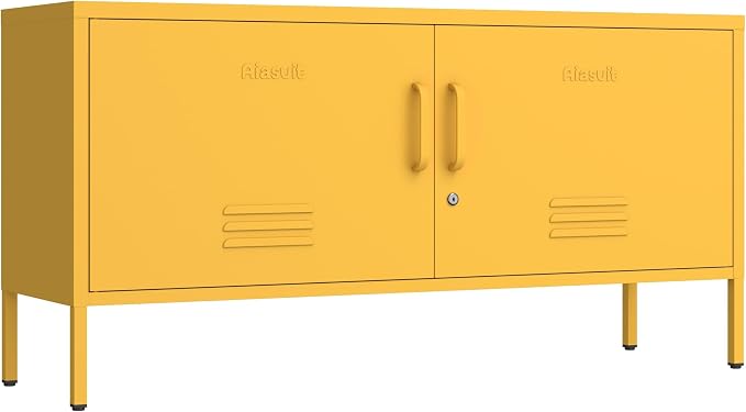 Wide Lockable Metal TV Stand with Accent Cabinet Locker, Heavy Duty Entertainment Center for Bedroom, Adjustable Shelves & 2 Doors, Multifunctional Storage Cabinet for Home 22"H X 35.4"W X 13.8"D