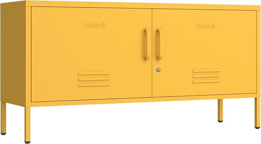 Wide Lockable Metal TV Stand with Accent Cabinet Locker, Heavy Duty Entertainment Center for Bedroom, Adjustable Shelves & 2 Doors, Multifunctional Storage Cabinet for Home 22"H X 35.4"W X 13.8"D