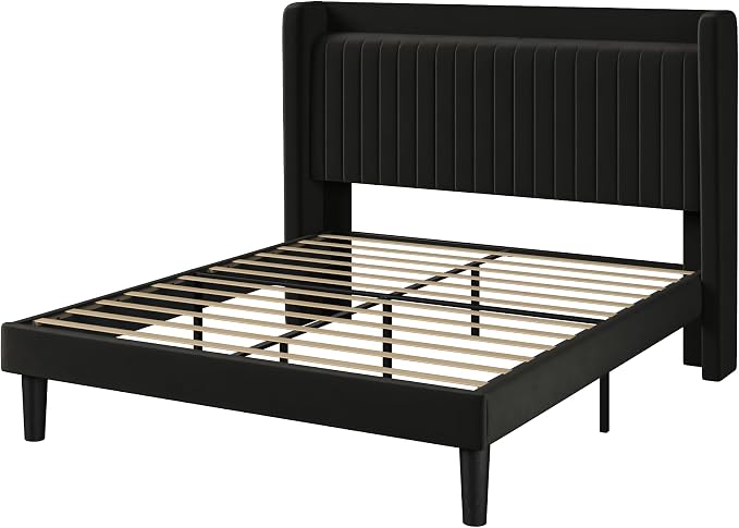 Allewie Full Size Platform Bed Frame with USB Charging Station and Storage Shelf/Upholstered Velvet Wingback Headboard/Wooden Slats Support/No Box Spring Needed/Easy Assembly, Black