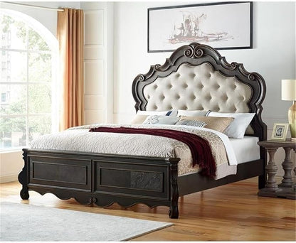 BOWERY HILL 6-Piece Queen Panel Wood Bedroom Set, Multi-Step Molasses Finish, Hardwood Solids and Veneers, Button-Tufted Headboard, Antique-Style Drawer Pulls, Traditional Design Furniture Set for