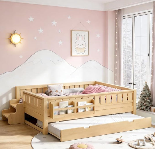 Bellemave Full Size Kids Bed with high Rails and with Built-in Bookshelf and Trundle for Kids, Girls, Boys, Wood Montessori Bed Without Door, Light Natural