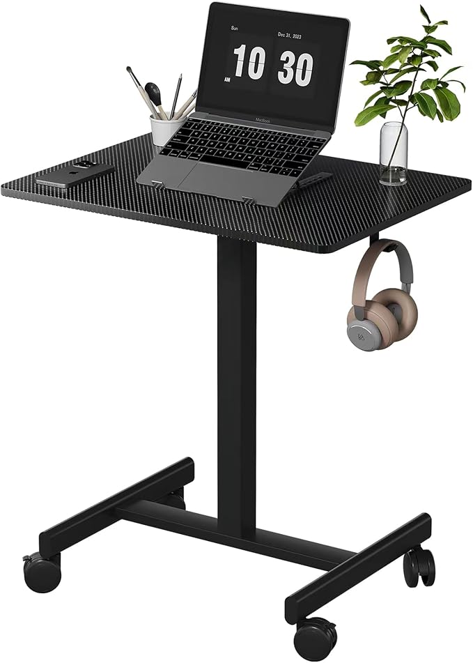 18.9 * 25.6 inch Mobile Standing Desk,T Shaped Pneumatic Adjustable Height Stand Up Desk,with Lockable Wheels,Ergonomic Standing Side Table for Home Office Work Workstation Carbon Fiber+Black