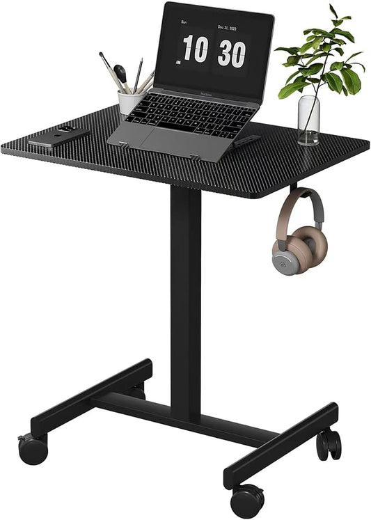 18.9 * 25.6 inch Mobile Standing Desk,T Shaped Pneumatic Adjustable Height Stand Up Desk,with Lockable Wheels,Ergonomic Standing Side Table for Home Office Work Workstation Carbon Fiber+Black