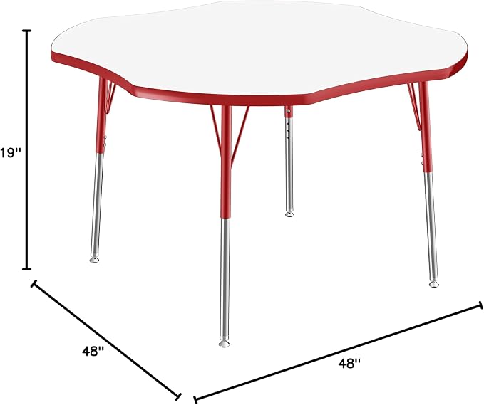 FDP Dry-Erase Clover Activity School and Office Table (48 x 48 inch), Standard Legs with Swivel Glides for Collaborative Spaces, Adjustable Height 19-30 inches - Whiteboard Top, Red Edge and Legs
