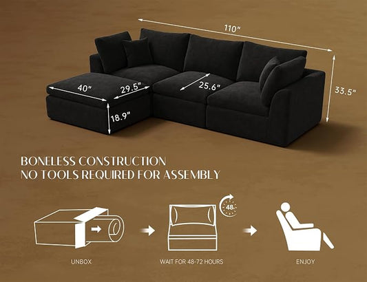 ohllob 110" Cloud Sectional Couches for Living Room, Boneless L-Shape Couch with Ottoman, 3 Seater Modular Sectional Sofa, Black