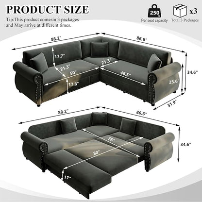 88.2" Sectional Sleeper Sofa with Pull Out Bed - Oversize L-Shaped Convertible Sleeper Couch Bed, Button Tufted Chesterfield Sofa, Chenille Vintage Couches for Living Room(4-Seater, Dark Grey)