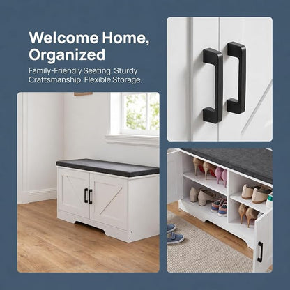 HOMSHO Farmhouse Shoe Storage Bench with 2 Barn Doors & Padded Seat Cushion | 39.4" Wide Entryway Bench with Adjustable Shelves & Hidden Storage, White