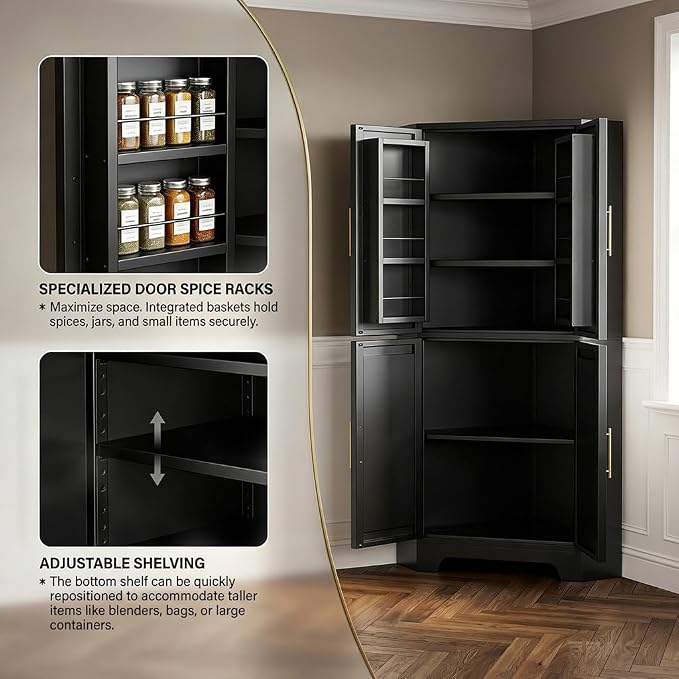 Corner Cabinet, Metal Storage,Kitchen Pantry Cabinet with Adjustable Shelves & Spice Rack, Tall Freestanding Corner Pantry with Shaker Doors & Gold Handles for Kitchen, Bathroom, Living Room (Black)