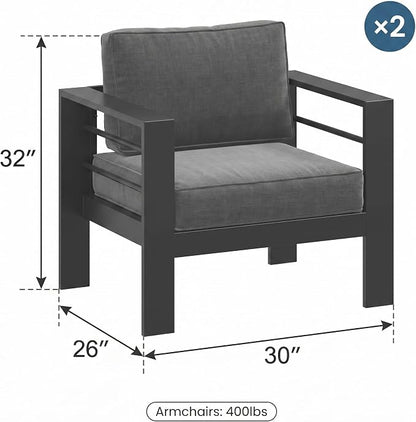Solaste Patio Furniture Metal Armchair,2 PCS All-Weather Aluminum Garden Outdoor Contemporary Sofa Chair with Cushions, Grey