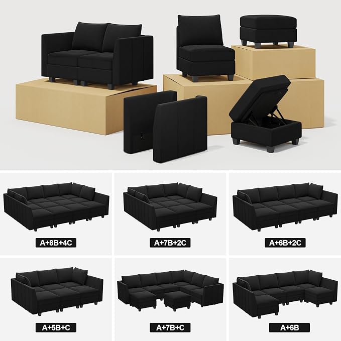 Belffin Modular Sectional Sofa U Shaped Couch with Storage Velvet Sectional Couch for Living Room Black