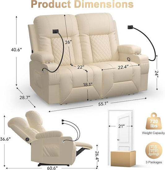 Loveseat Recliner Sofa, Home Theater Seating with Storage & Pocket, Reclining Loveseat Sofa with USB Ports & Phone Holders, Wall Hugger Recliner RV Couch Furniture
