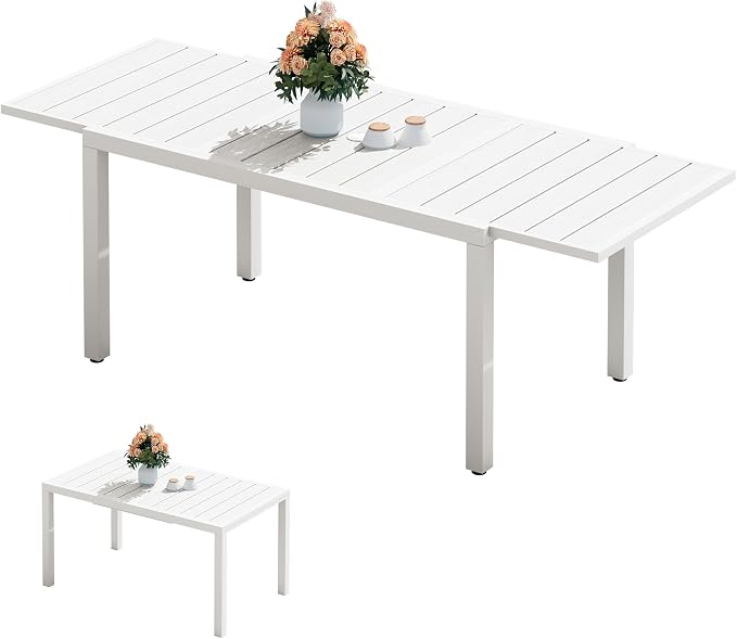 SERWALL Outdoor Expandable Dining Table 60" - 83", White | Patio Dining Table for 4-8 People, All Weather HDPE and Aluminum Outdoor Furniture