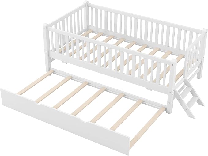 Merax Wood Twin Size Platform Bed with Guardrail and Trundle, Kids Bed Frame with Stairs, White