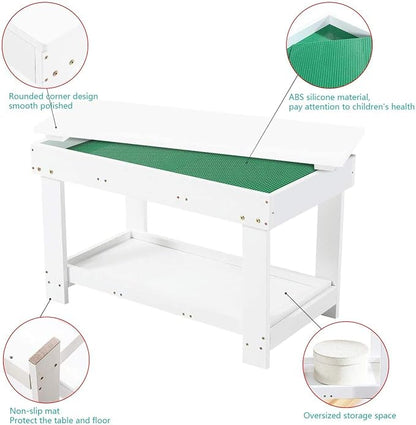 YouHi Kids Activity Table with Board and Storage for Bricks Activity Play Table (White Double Table)