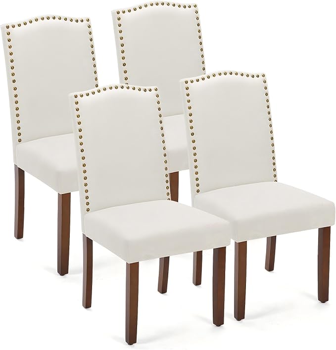 DUMOS Dining Chairs Set of 4, Farmhouse Fabric Upholstered Kitchen Chairs with Wooden Legs and Padded Seat, Modern Accent Chair for Dining Room, Kitchen, Living Room, Restaurant, Beige