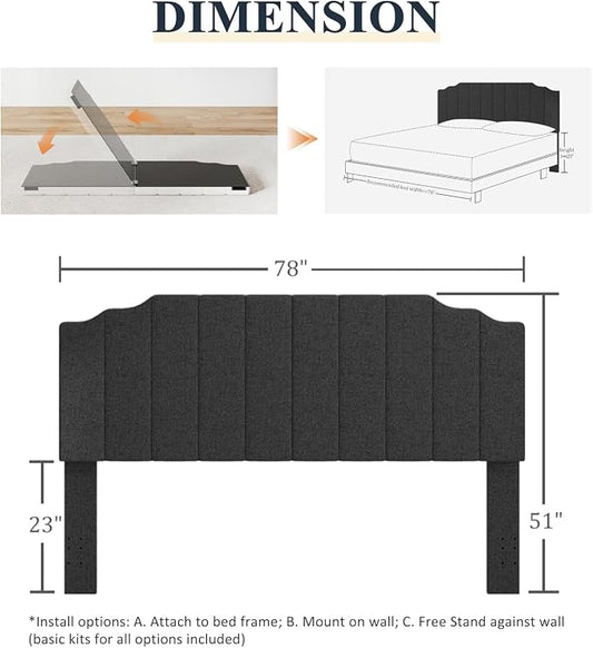 Befurtori King Size Headboard Only, Linen Wall Mounted Headboard King for Adjustable Bed Modern Upholstered Head Board Easy Assembly, Dark Gray