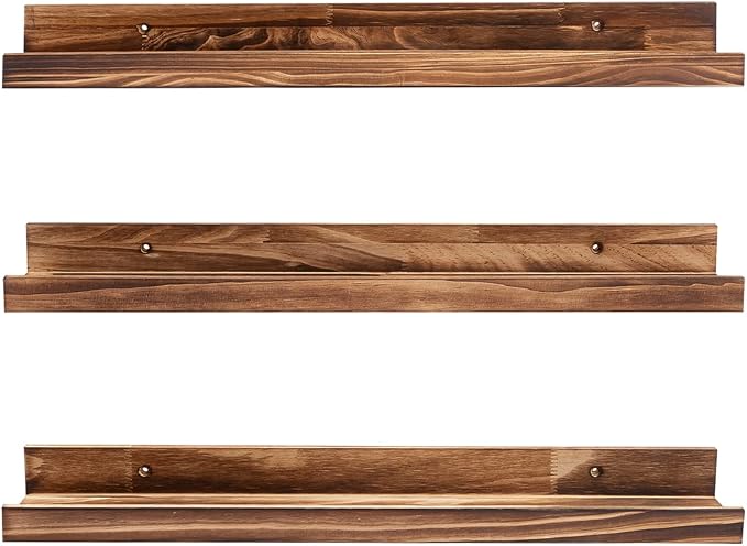 MBYD 24 Inch Picture Ledge Shelf Set of 3, Rustic Torched Wood Floating Shelves for Bedroom Living Room Kitchen Wall Decor, Carbonized Finish Display Nursery Bookshelf for Photos, Books, and Art