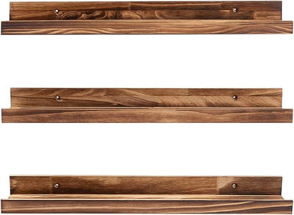 MBYD 24 Inch Picture Ledge Shelf Set of 3, Rustic Torched Wood Floating Shelves for Bedroom Living Room Kitchen Wall Decor, Carbonized Finish Display Nursery Bookshelf for Photos, Books, and Art