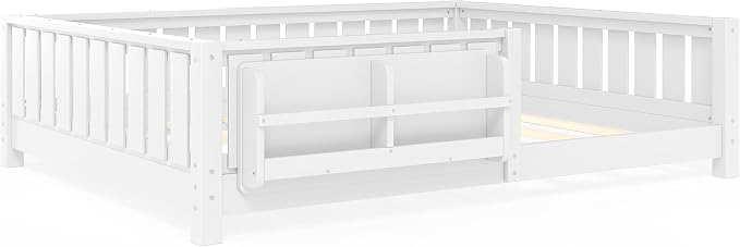 Bellemave Full Size Floor Bed with Slats and Guardrails, Full Size Montessori Floor Bed with Bookcase and Fence, Low Profile Montessori Beds for Kids, White Floor Beds Frame